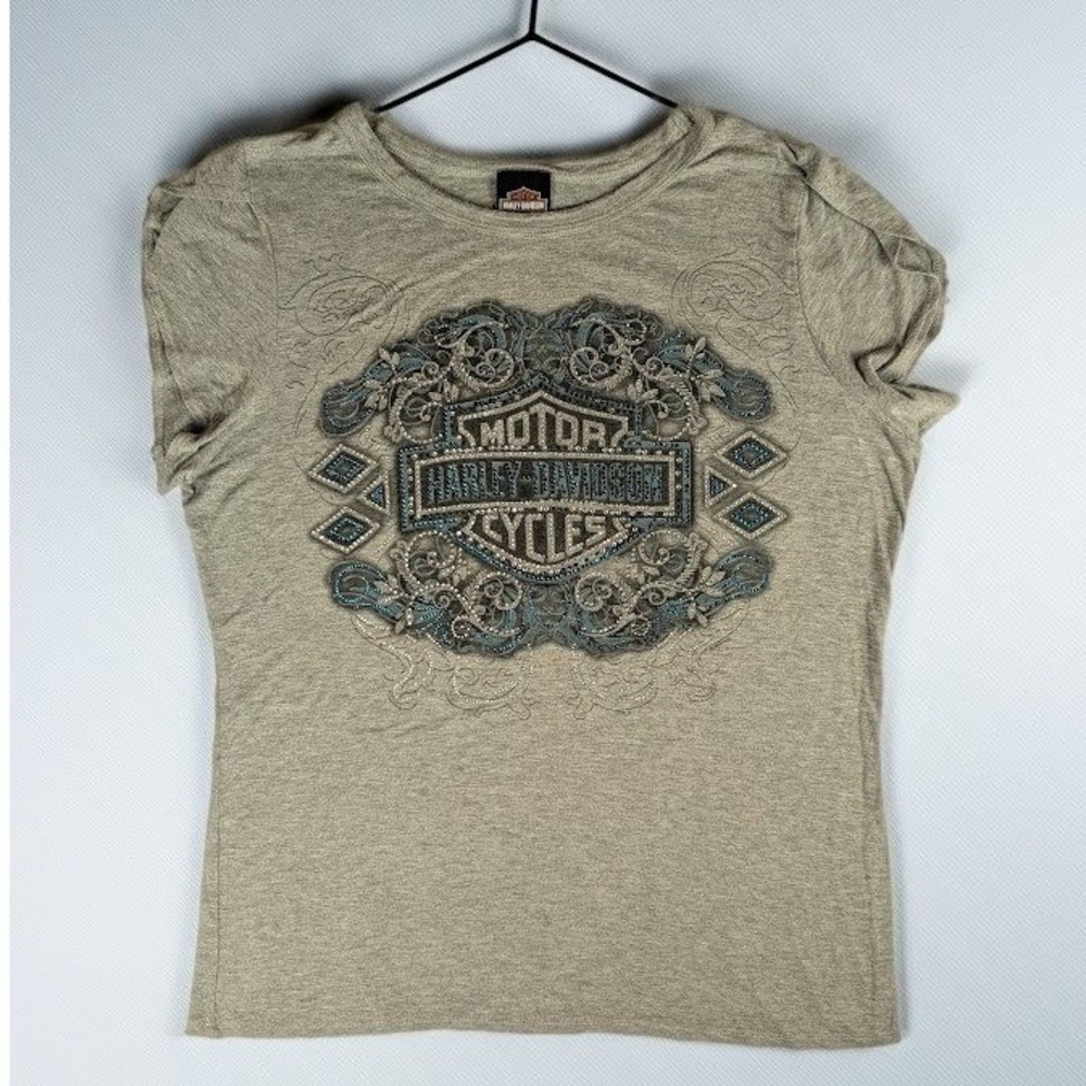 Harley-Davidson Womens Rhinestone Graphic Top Gray Cap Sleeve 1XL HT4324CGY